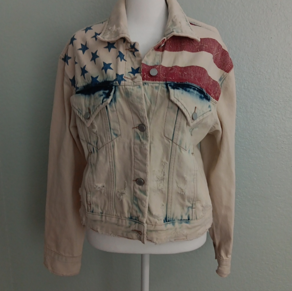 Blank nyc American flag distressed denim jacket sz xs 4th Of July